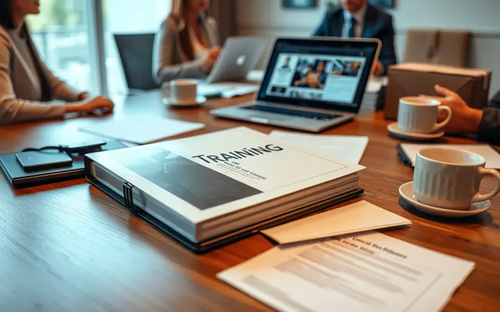 培训资料和评估表格摆放在会议桌上
